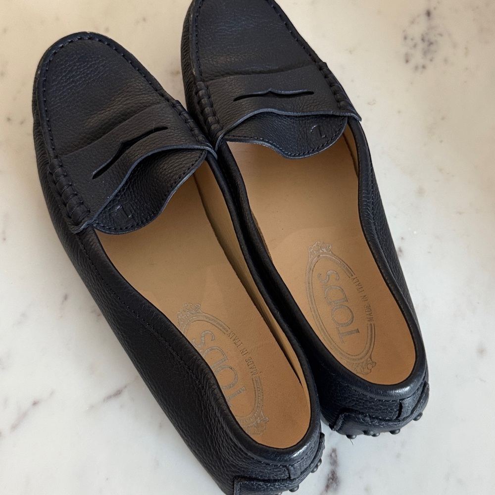 Tod’s Blue Pebbled Leather Penny Loafers Size 38 Classic Slip On Flats Luxury - Picture 2 of 15